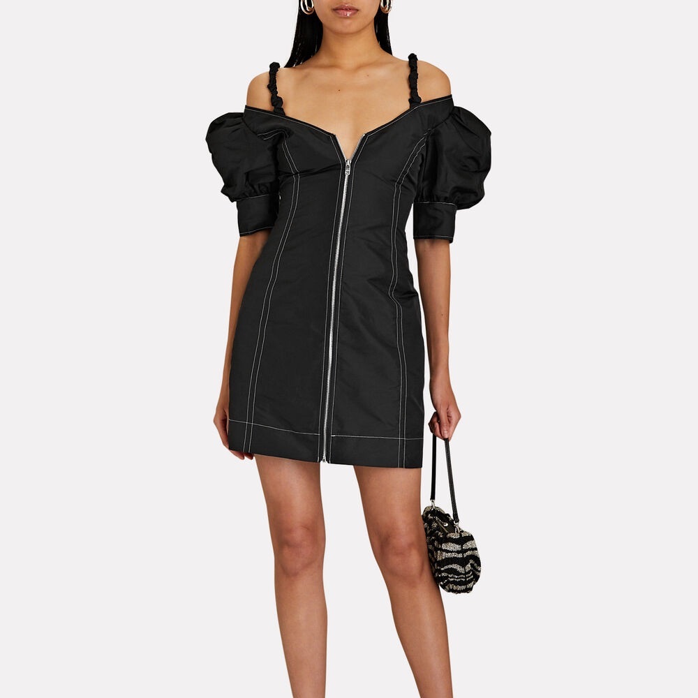 NWT GANNI Taffeta V-Neck Front-Zip Mini Dress